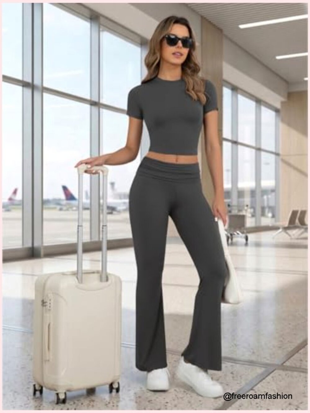 Two Piece Lounge Set - Crop Top & Flare Pants Travel Outfit - Picture 3 of 7